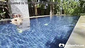 poolside babe swims topless teasing before taking hard cock homemade