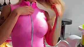 Monika Fox Strips Pink Bodysuit Revealing Shaved Pussy In Kitchen