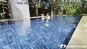 poolside babe swims topless teasing before taking hard cock homemade