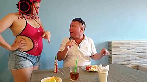 i feel so exposed as naked waitress serves from my navel to horny guest