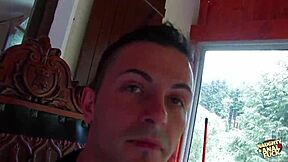 A sexy brunette flashes shaved pussy in forest leading to bent over outdoor anal doggystyle creampie