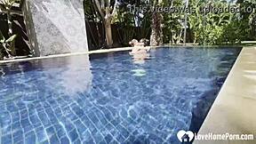 poolside babe swims topless teasing before taking hard cock homemade