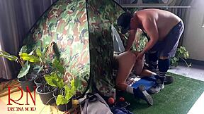 A stranger dominates nudist pussy deep in camping woods