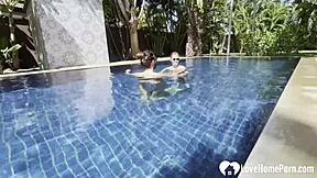 poolside babe swims topless teasing before taking hard cock homemade