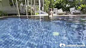 poolside babe swims topless teasing before taking hard cock homemade