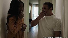 Mature guy drills ebony babe while frisky shemale rides his cock? 