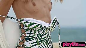 SLENDER BLONDE ITALIAN MILF STRIPS PETITE BODY ON BEACH OUTDOOR