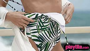 SLENDER BLONDE ITALIAN MILF STRIPS PETITE BODY ON BEACH OUTDOOR