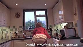 British housewife Rosemary takes ass to mouth in kitchen upskirt