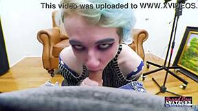 my blue haired coed raven deepthroats cock while fingering shaved pussy