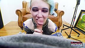 my blue haired coed raven deepthroats cock while fingering shaved pussy