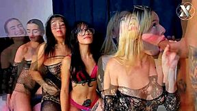 Horny blonde teases with sloppy deepthroat on monster cocks before rough group pussy banging and submission