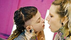 tattooed goth straps on huge dildo to fuck shy teen pussy