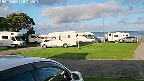 filthy kiwi milf pisses publicly at campground with campers watching