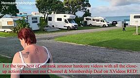 filthy kiwi milf pisses publicly at campground with campers watching