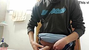 Skinny amateur strokes huge cock solo bathroom homemade
