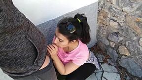 horny brunette sucks dick on street in risky outdoor closeup