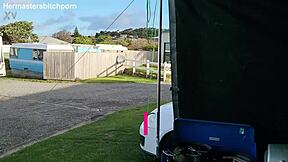 filthy kiwi milf pisses publicly at campground with campers watching