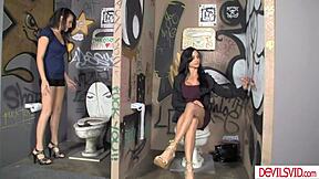 Stepmom and Stepdaughter Share Gloryhole Cock Sucking in Public Toilet Gloryhole Sloppy