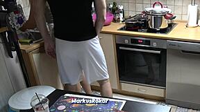 milf stepmom cooks while grinding fat ass on cock closeup chubby legs kitchen stepfamily