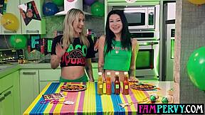 stepsisters sauce challenge turns into big cock threesome pounding