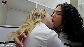 innocent latina and blonde tease with curly-haired kisses and caresses