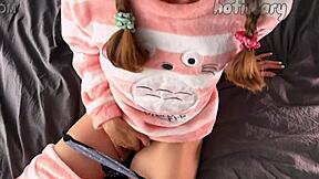 Petite 18+ teen in pajamas rubs small tits pussy to orgasm 💦😩