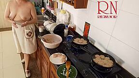 Nudist housewife bares all while cooking naked in kitchen
