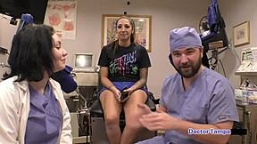 dr tampa performs entrance physical on stefania mafra at tampa university hospital in latex gloves