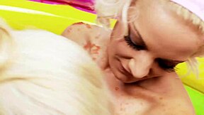 christine love and lou lou take turns licking cherry jam off each other's nipples poolside