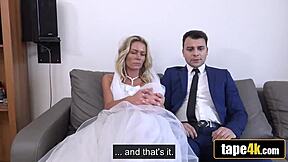 Debt collector rams tanned blonde bride's pussy while furious husband watches helplessly