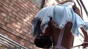 her shaved pussy throbs as he fucks her mid-bikeride in fishnets