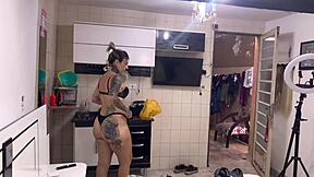 Tanned amateur painter chokes on huge cock while getting ass and pussy pounded hard then creampied