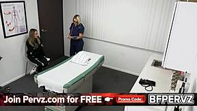 pervy doctor and busty nurse finger and suck patient's hairy pussy to keep it warm