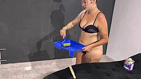 Tanned amateur painter chokes on huge cock while getting ass and pussy pounded hard then creampied