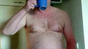 nylonjunge jerks his small cock geil in the morning while sipping coffee homemade