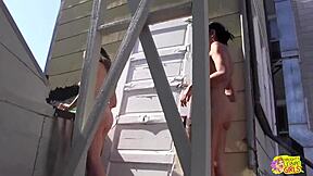 Whoa these super sexy lesbians fuck rough outdoors in trash bin with strapon!