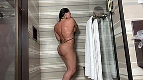 Blonde milf cleo chokes on huge cock shower domination