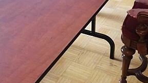 Femdom stomps huge cock on desk until cum erupts barefoot