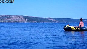 amateur mature woman poses erotically in bikini on boat floating volga river outdoors