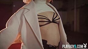 petite blonde milf polina strips on car top