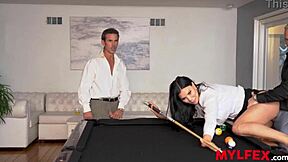 mylfex bombastic big tits secretary deepthroats bosses during rough double penetration billiards!