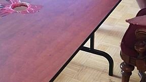 Femdom stomps huge cock on desk until cum erupts barefoot