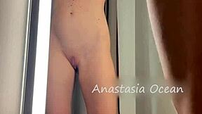 i'm trying on lingerie in this public fitting room with my shaved pussy out naked
