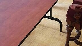 Femdom stomps huge cock on desk until cum erupts barefoot