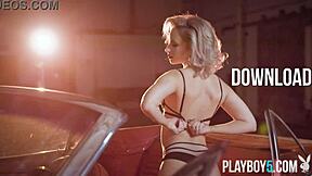 petite blonde milf polina strips on car top