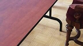 Femdom stomps huge cock on desk until cum erupts barefoot