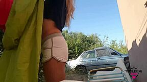 hot milf outdoors no bra flashing pierced pussy huge nipples and ass 😍🔥