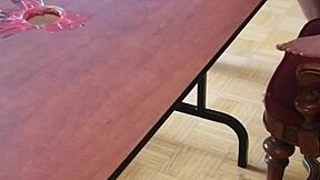 Femdom stomps huge cock on desk until cum erupts barefoot