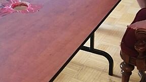 Femdom stomps huge cock on desk until cum erupts barefoot